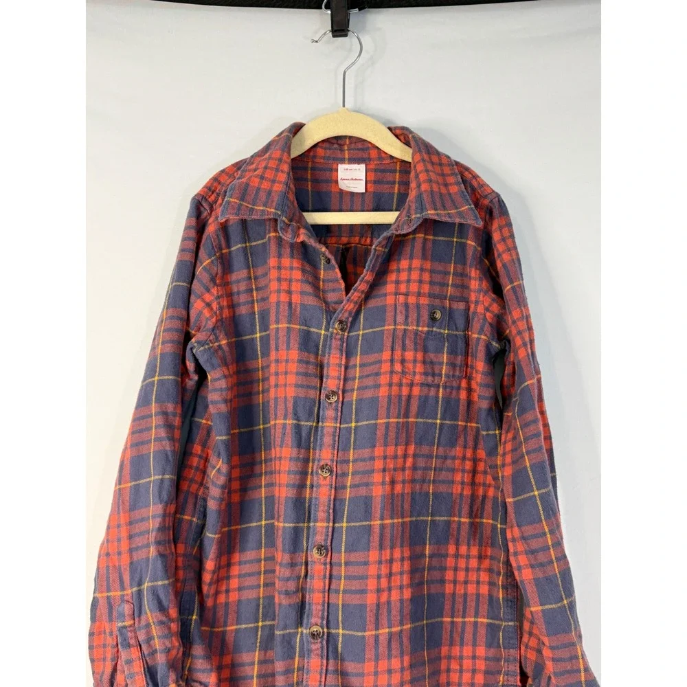 Hanna Andersson Flannel Shirt Kids Size 10 Orange Blue‎ Plaid Button Up